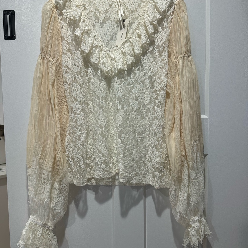 Elegant Anthropology Lace Ruffle Blouse - Cream